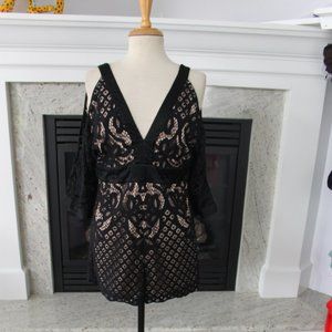 Sexy Nude Effect Plunge Cold Shoulder Lace Romper